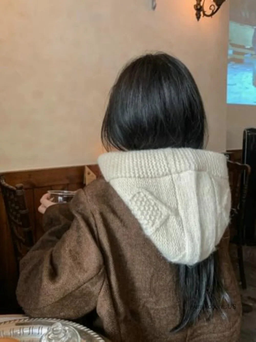 Women's Oversized Wool Knit Balaclava Hat Hooded Scarf Chunky Cable Knit Winter